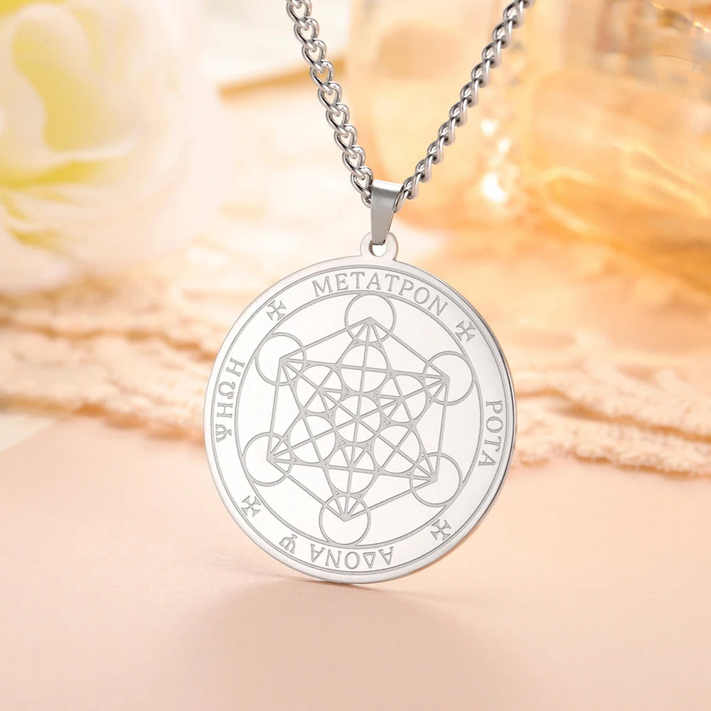 Dawapara Metatron Cube Necklace Stainless Steel Sacred Geometry Archangel Metatron Medal Pendant Protection Talisman