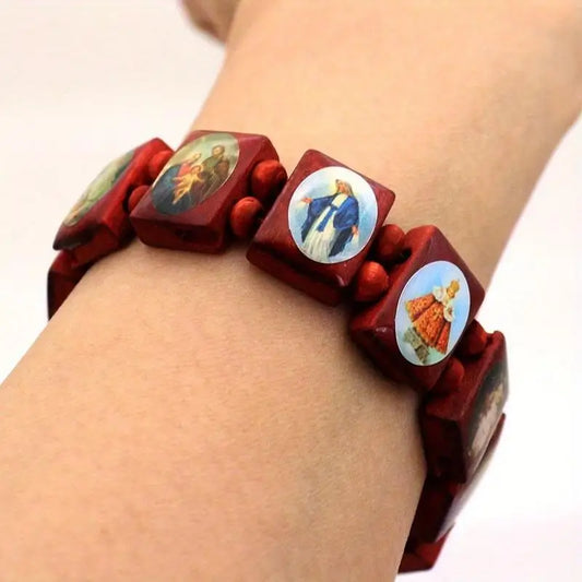Wooden Rosary Bracelet - Elegant Religious Icon Stickers, Drip Oil Finish, Spiritual Beaded Prayer Jewelry For Devotional Wear_
