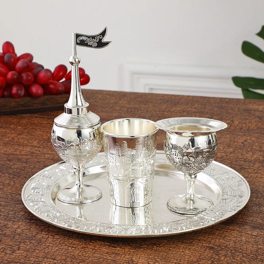 Havdalah 4pcs set,Kiddush high foot cup and tray,Havdalah candle holder,Besamim spice box suitable for the end of the Sabbath