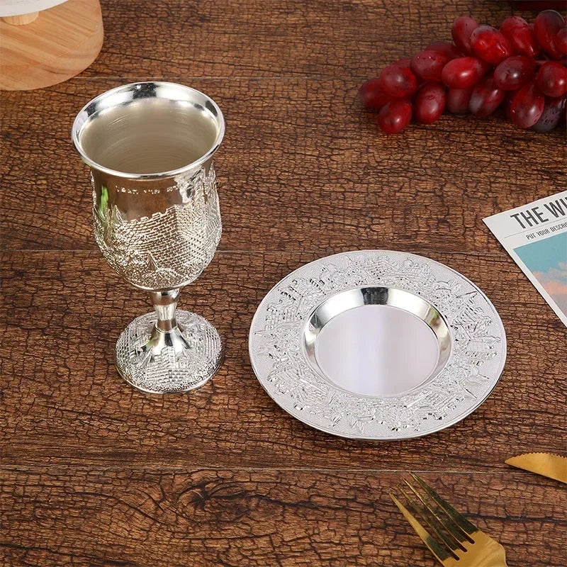 Silver Plated Kiddush Cup Nickel Plated Wine Cup with Saucer Jewish Shabbos Goblet Passover for Havdalah Passover Gift