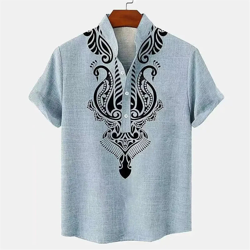 Men's shirt ethnic style 3D printing henley shirt, men's fashion button down collar short sleeve, high quality men's tops