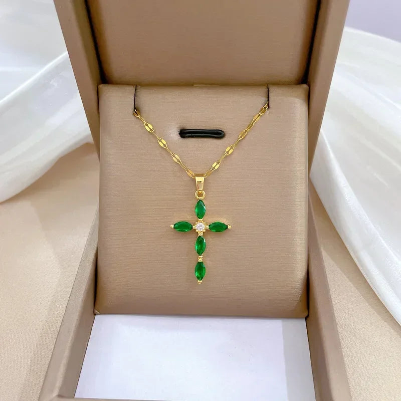 Exquisite Gold Color Stainless Steel Inlaid Crystal Cross Pendant Necklace for Women Men Luxury Full of Zircon Chokers Jewelry
