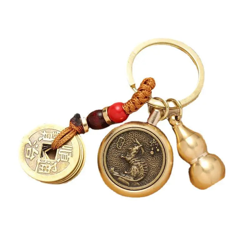 Brass Five Emperors Money Twelve Zodiac Key Chain Turnaround keyChain For Gfit Car Accessories Popular  In Scenic Spots