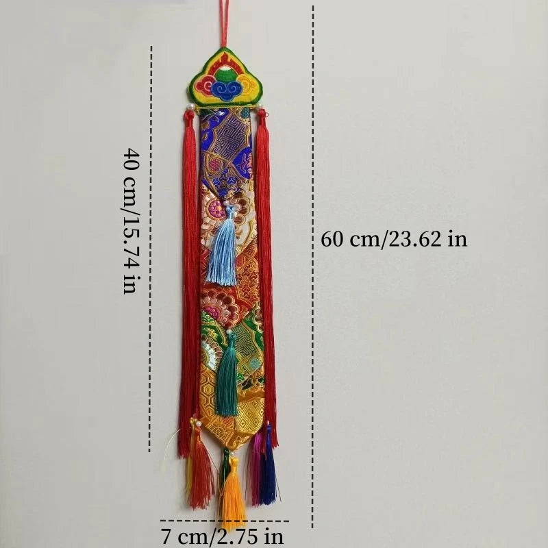 Tibetan Tantric Nepalese Embroidered Drum Banner,Hand Drum Ribbon,Exquisite Tibetan-Style Buddhist Hall Hanging Banner 60 cm