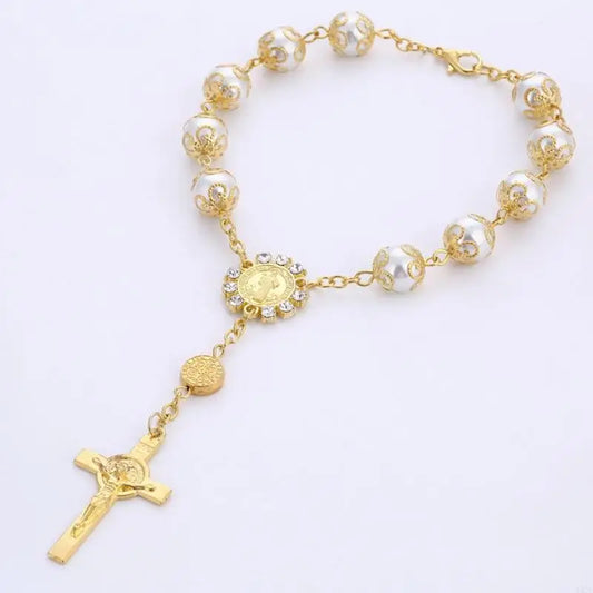 A52E One Decade Auto Rosary Beads Catholic Bracelet Saint Benedict Crucifix Divine Mercy Gift for Women Men