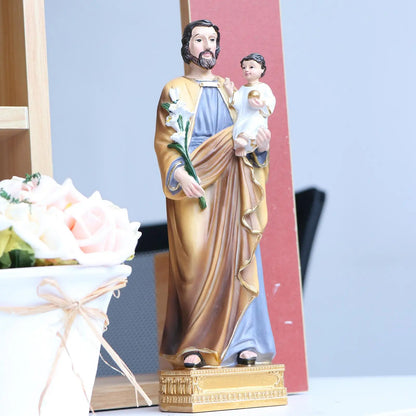 St. Joseph and Child Jesus on Base Heavenly Protectors 20cm Resin and Stone Religious Gift Decoration