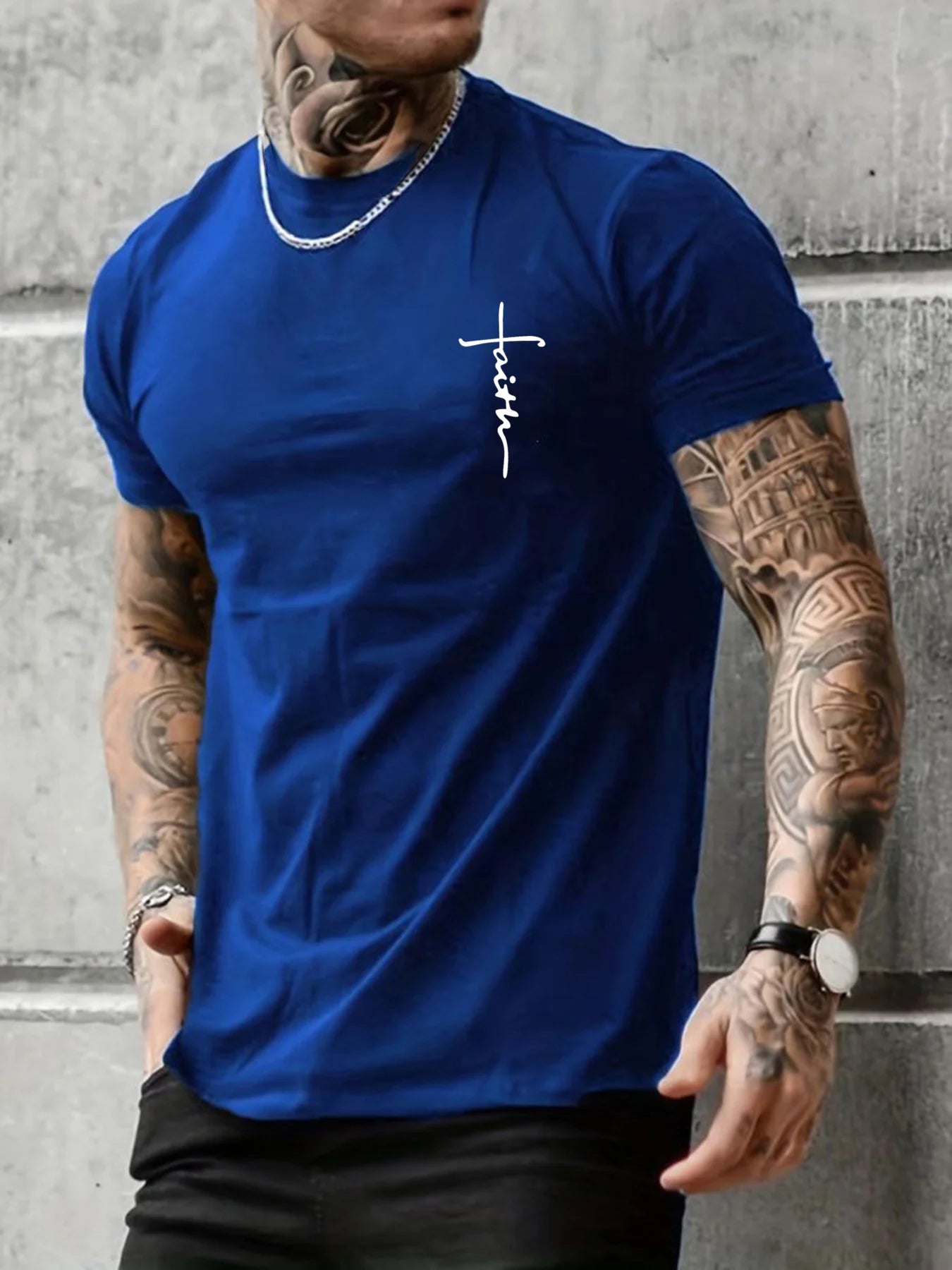 Summer men's 100% pure cotton casual loose fit plus size cross faith pattern printed round neck short sleeved T-shirt top