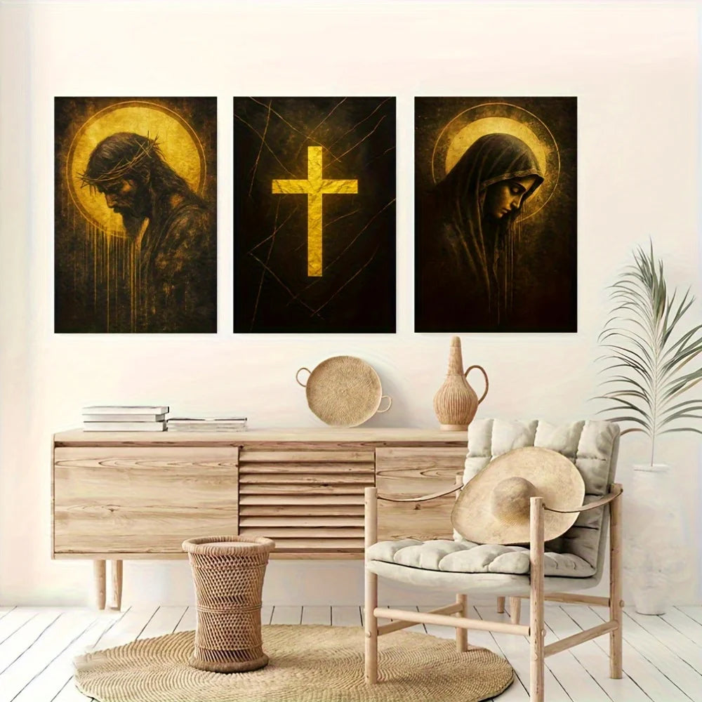 3pcs Religious Canvas Wall Art Set Jesus and Virgin Mary with Golden Cross Design Home Office  Church Decor Indoor Mural Decor