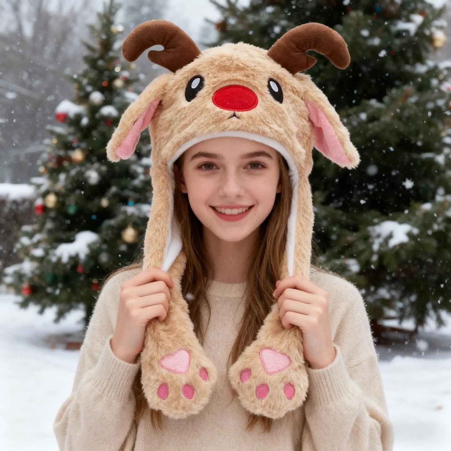 Plush Christmas Hat Interactive Game Windproof Elk Christmas Dress Up Doll Hat Cute Cartoon Santa Hat Ears Move Party Headdress