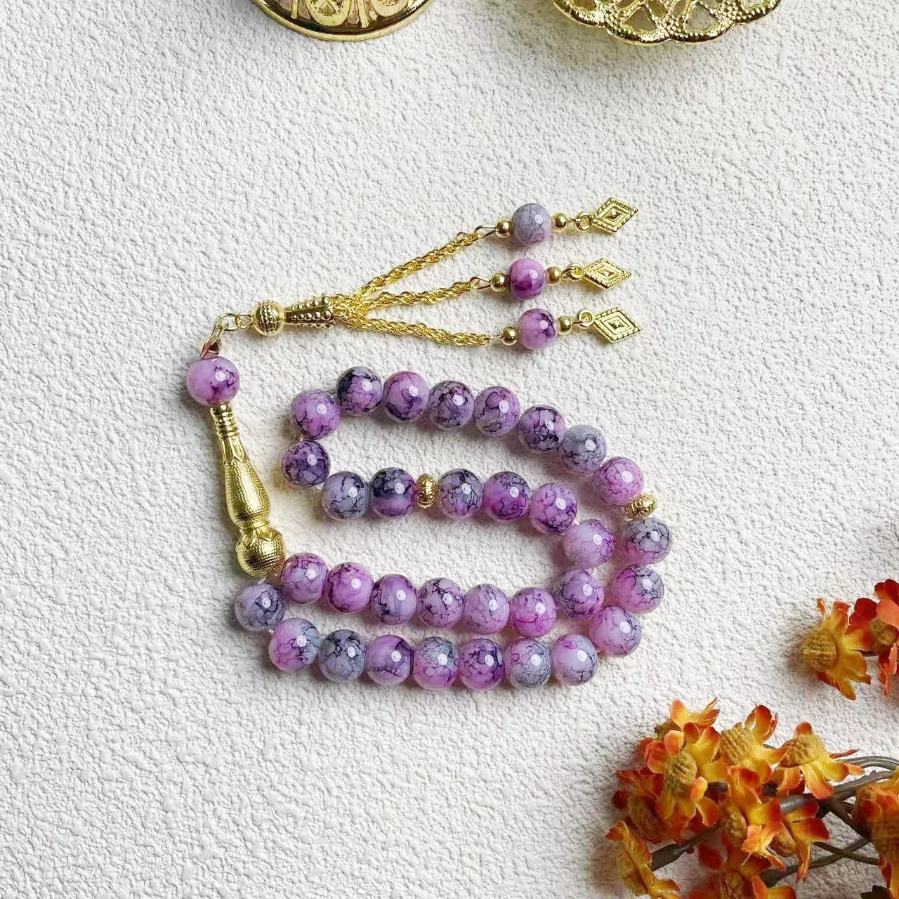 10mm Large Flower Beads 33pcs Glass Prayer Beads Muslim Tasbih Golden Tassel Handmade Rhombus Shape Retro Style Jewelry