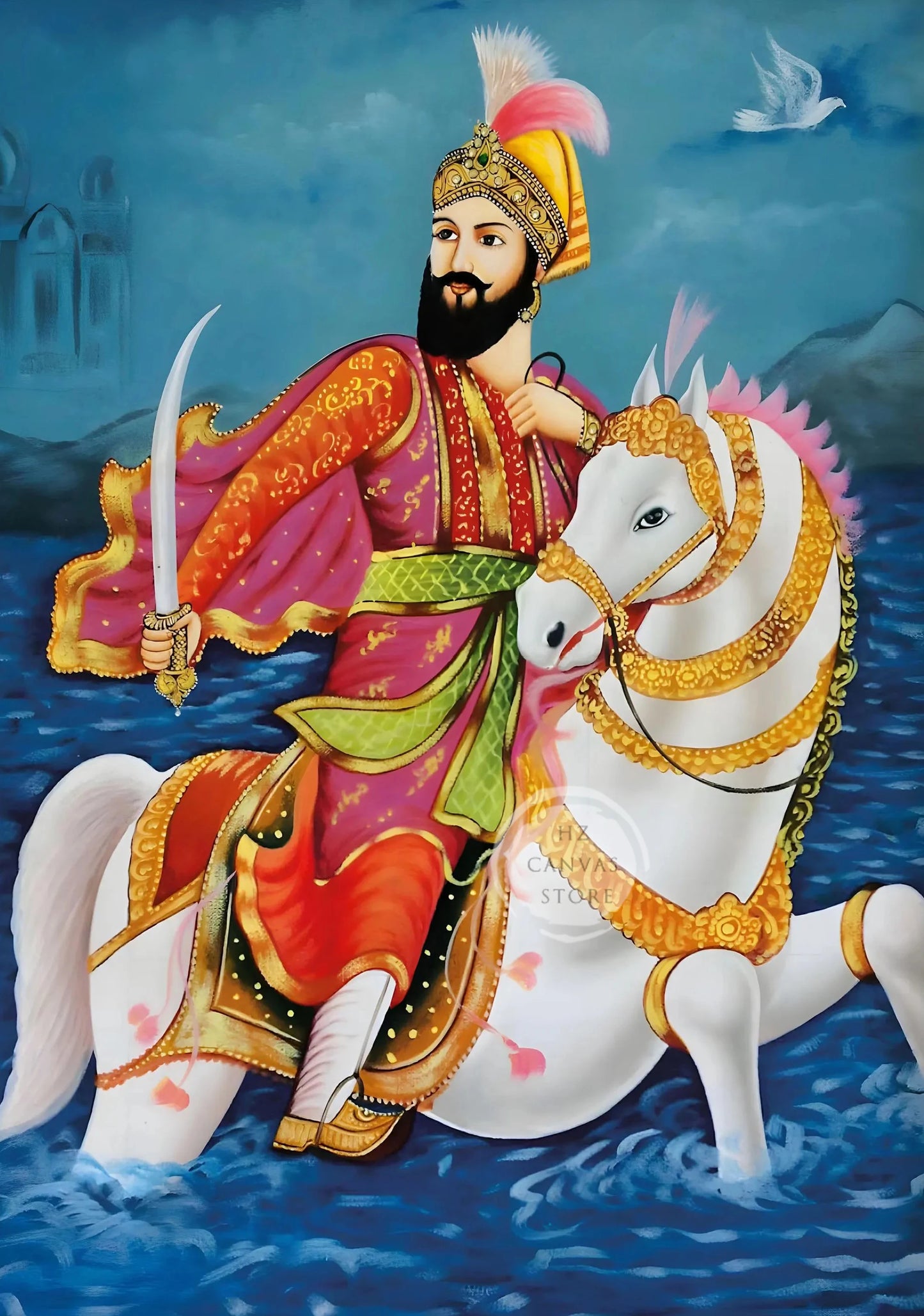 Sikh Historical Art Print of Guru Nanak Dev, Guru Ram Das, Baba Deep Singh & Maharaja Bhupinder Singh Vintage Devotional Poster