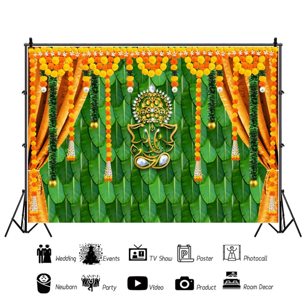 Indian Traditional Photography Background Marigold Green Leaf Hindu Indian Wedding Holi Flowers Garland Anniversary Backdrops