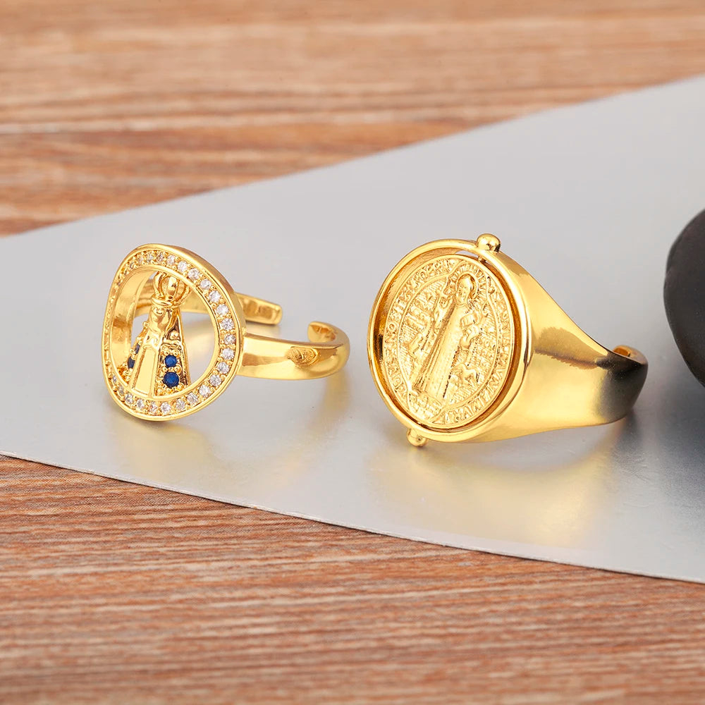 Nidin New Popular 2 Styles Religious Flipable Open Rings Adjustable For Female Male Copper Inlaid Zircon Finger Jewelry Gifts