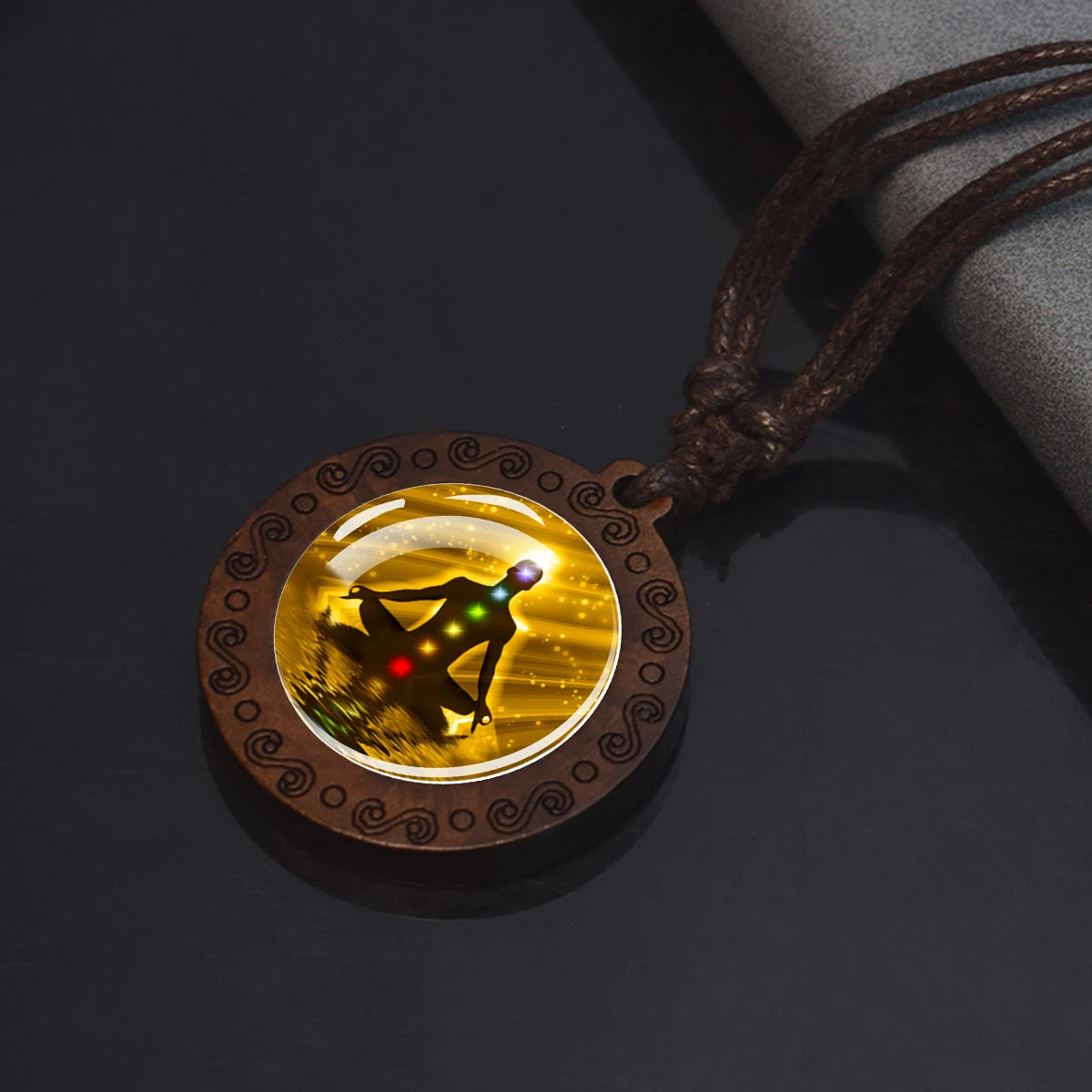 7Chakra Symbol Necklace Yoga Meditation Glass Dome Vintage Wooden Pendant Rope Chains Necklace Women Men Indian Buddhism Jewelry