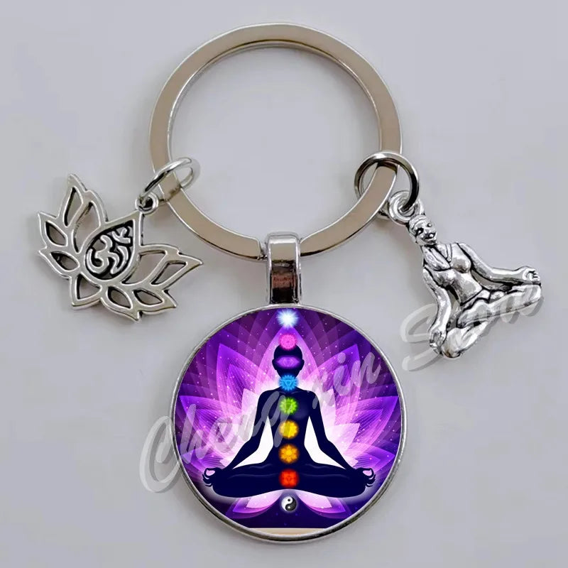 Indian Buddha Meditation 7 Chakra Mandala Psychedelic Yoga Glass Cabochon Keychain Ornament