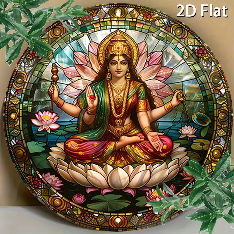 A statue of an Indian goddess sitting on a lotus throne sign,serene and sacred image,ideal spiritual space decoration,room décor