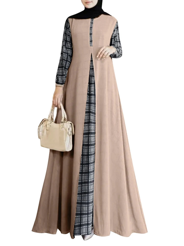 2024 ZANZEA Autumn Long Sleeve Plaid Checked Muslim Sundress Women Patchwork Maxi Dress Robe Femme Eid Mubarek Hijab Vestido