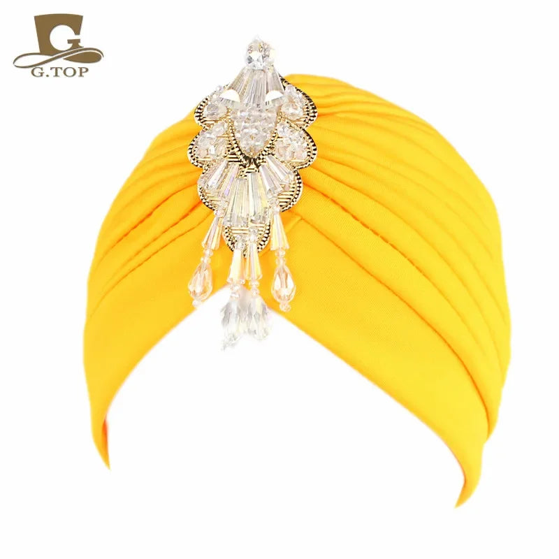 NEW Luxury Divas Stretchable turban Head wrap hat with beaded pendant women Headwear