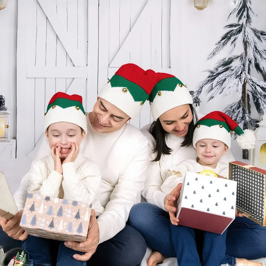 Christmas Knitted Wool Hat For Mother And Kids Red Color-Block Design, With Bells, Festive Christmas Hat For Winter