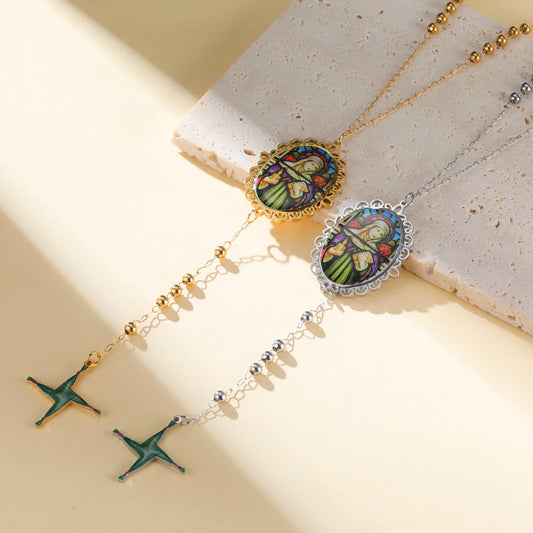 Kkjoy Saint Brigid Goddess Cross Rosary Necklace Stainless Steel Gold Silver Print Celtic Religious Irish Vintage Faith Jewelry