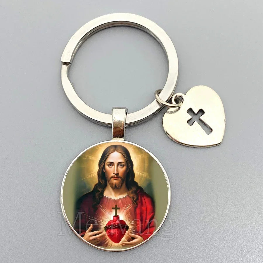 Jesus Sacred Heart Keychain Virgin Mary Glass Dome Key chain Catholic Men's and Women's Jewelry Gifts