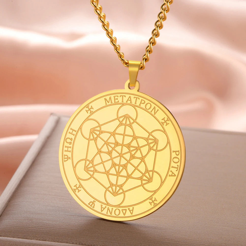 Dawapara Metatron Cube Necklace Stainless Steel Sacred Geometry Archangel Metatron Medal Pendant Protection Talisman