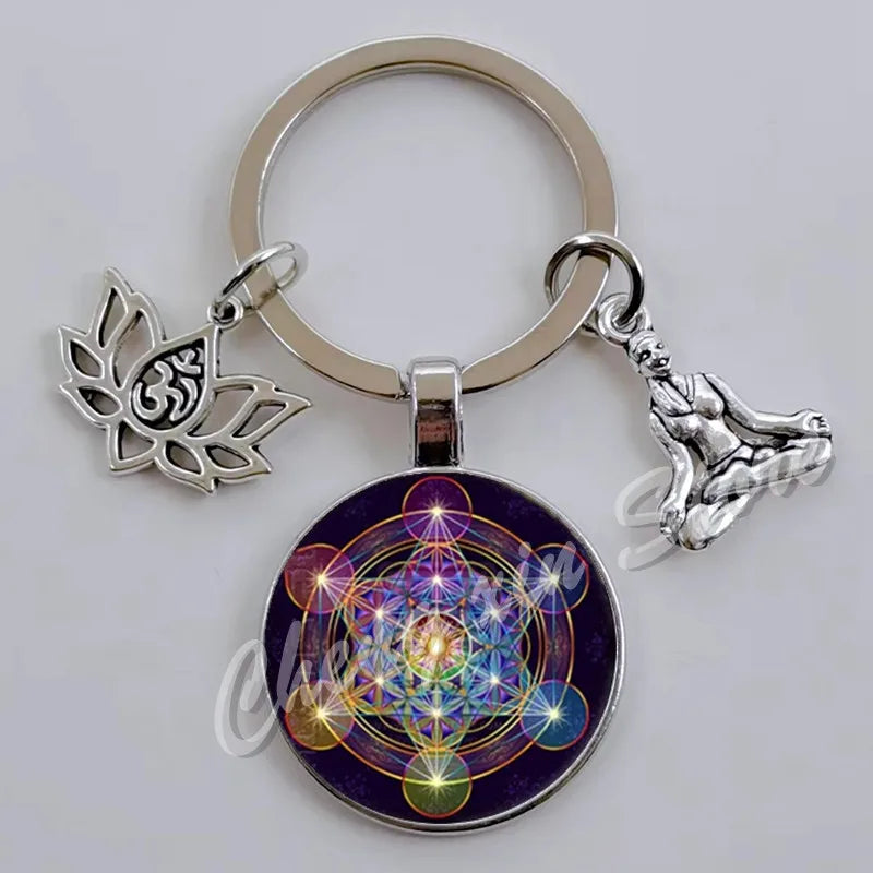 Indian Buddha Meditation 7 Chakra Mandala Psychedelic Yoga Glass Cabochon Keychain Ornament