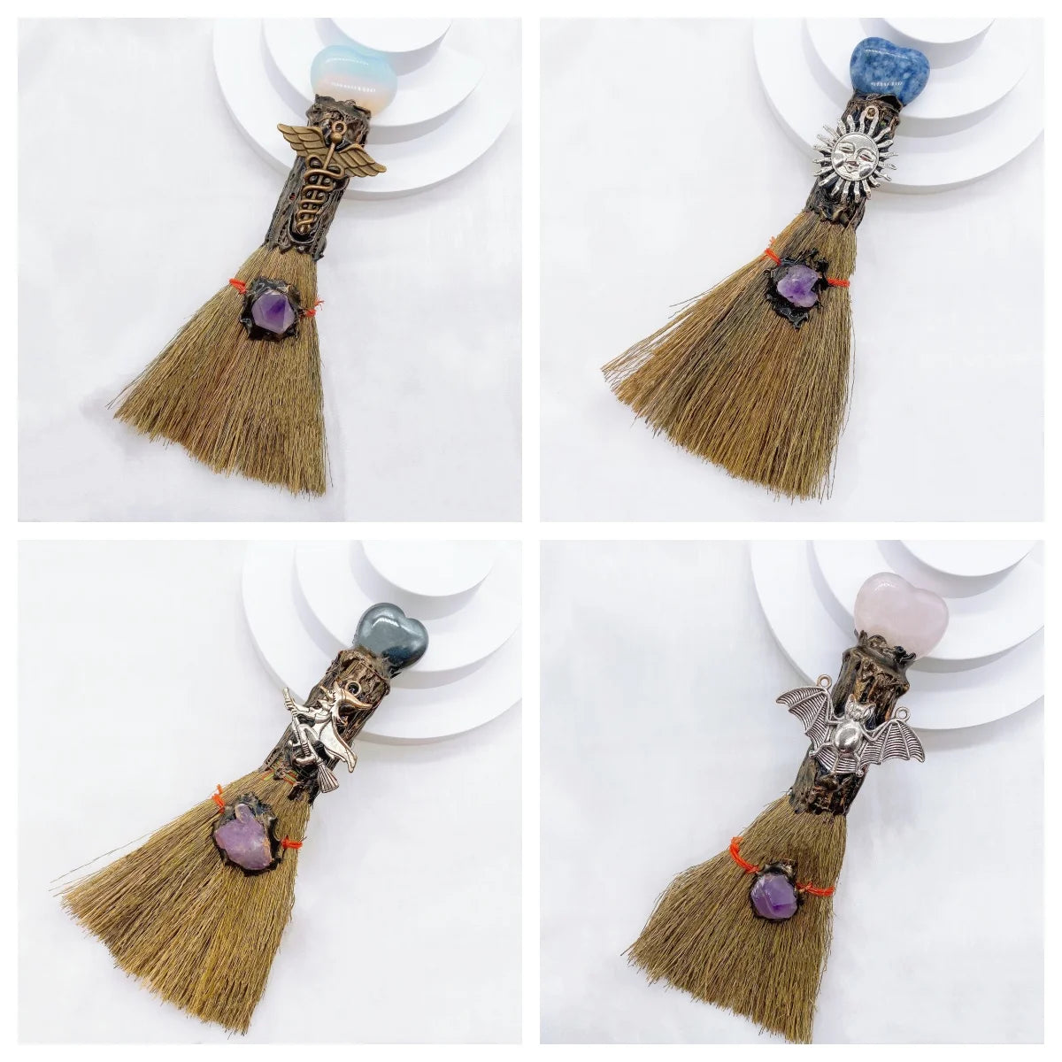 Natural Amethyst Crystal Love Heart Magic Broom Gem Crafts Home Decoration Reiki Healing Witch Broomstick Christmas Gift
