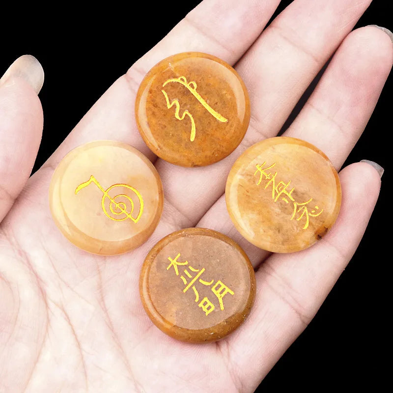 4Pcs Natural Lapis Lazuli Stones Engraved Chakra Symbols Polished Palm Stones for Reiki Crystal Healing Balancing