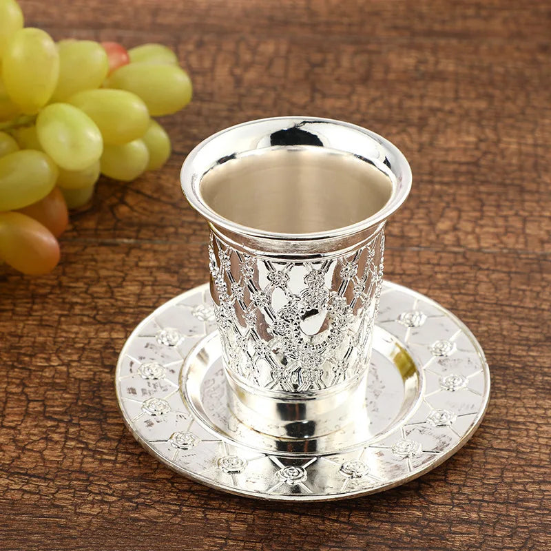 Silver Plated Kiddush Cup Nickel Plated Wine Cup with Saucer Jewish Shabbos Goblet Passover for Havdalah Passover Gift