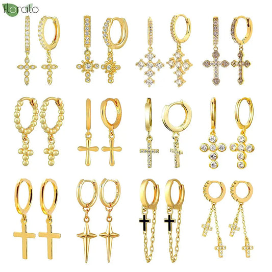 925 Sterling Silver Needle Fashion Cross Pendant Hoop Earrings for Women Vintage Gold Color Small Earrings Luxury Jewelry Gifts