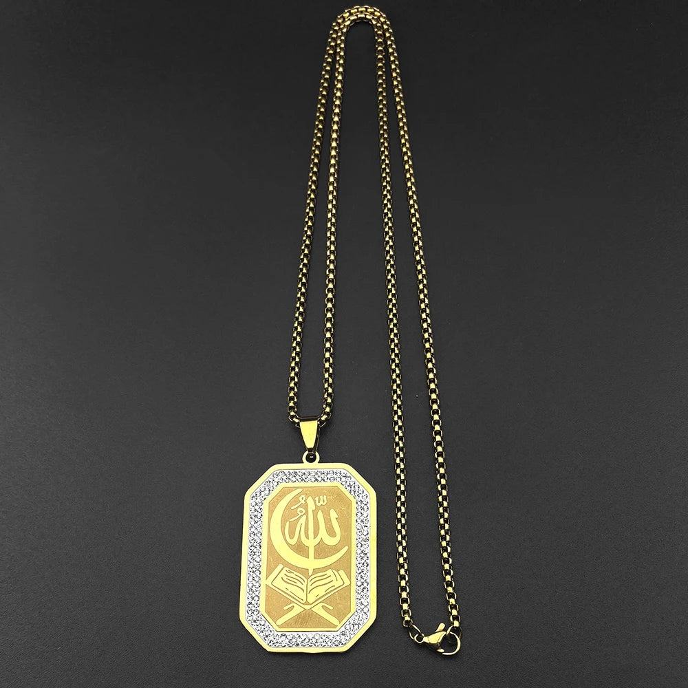 Islamic Quran Allah Crescent Moon Pendant Necklace for Women Men Stainless Steel Gold Color Rhinestones Muslim Chain Jewelry