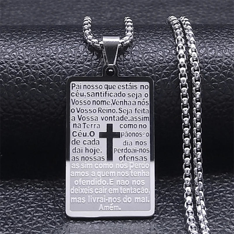 Chrisitian Cross Bible Verse Prayer Necklace Stainless Steel Portuguese Religious Necklaces Jewelry collar hombre N2035S02