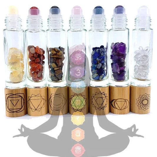Chakra Stones Reiki Healing Crystal Roller Bottle with Engraved Chakra Symbols Bamboo Cap Balancing Stones 7 pcs P305