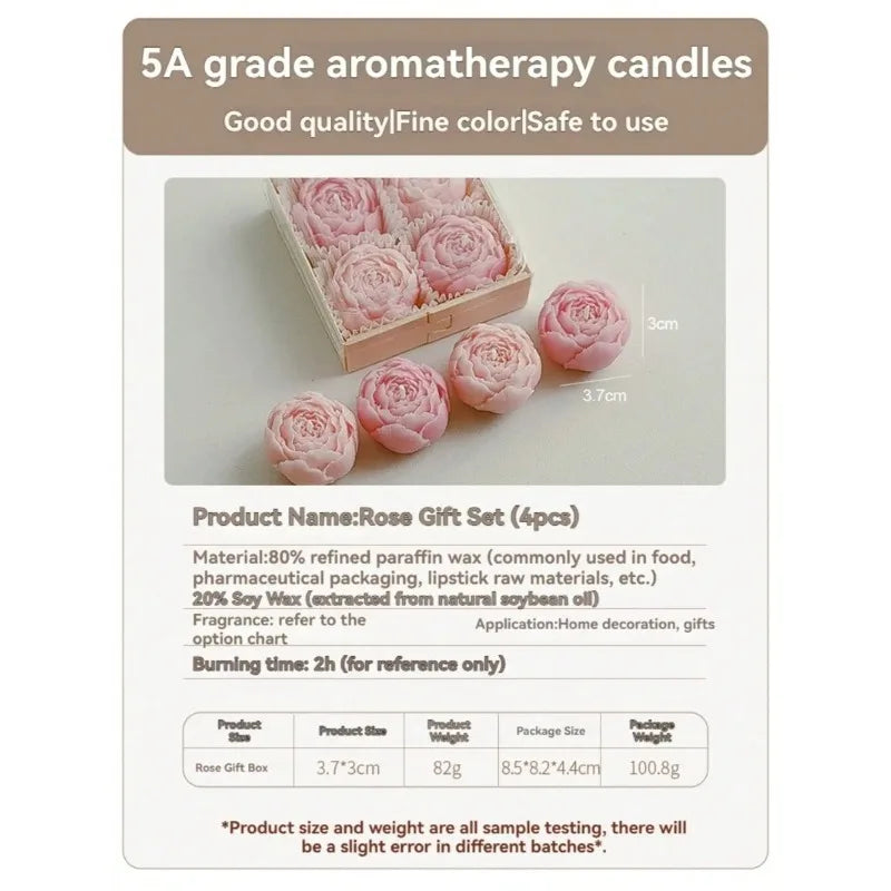 Rose Flower Shaped Soy Wax Candle Set of 4 Gift Box, Handmade Decorative Smokeless Candles for Home Decor,Birthday,Wedding Gifts