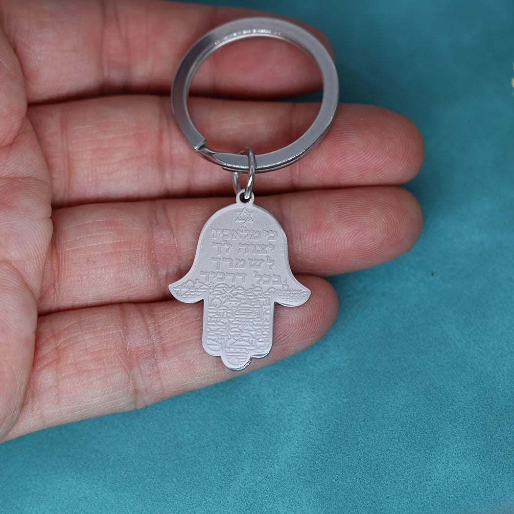 Hamsa Hand Of Fatima Keychain Stainless Steel Pendant Handmade Jerusalem Jewelry Key Chains for Men Women Mythology Amulet Gift