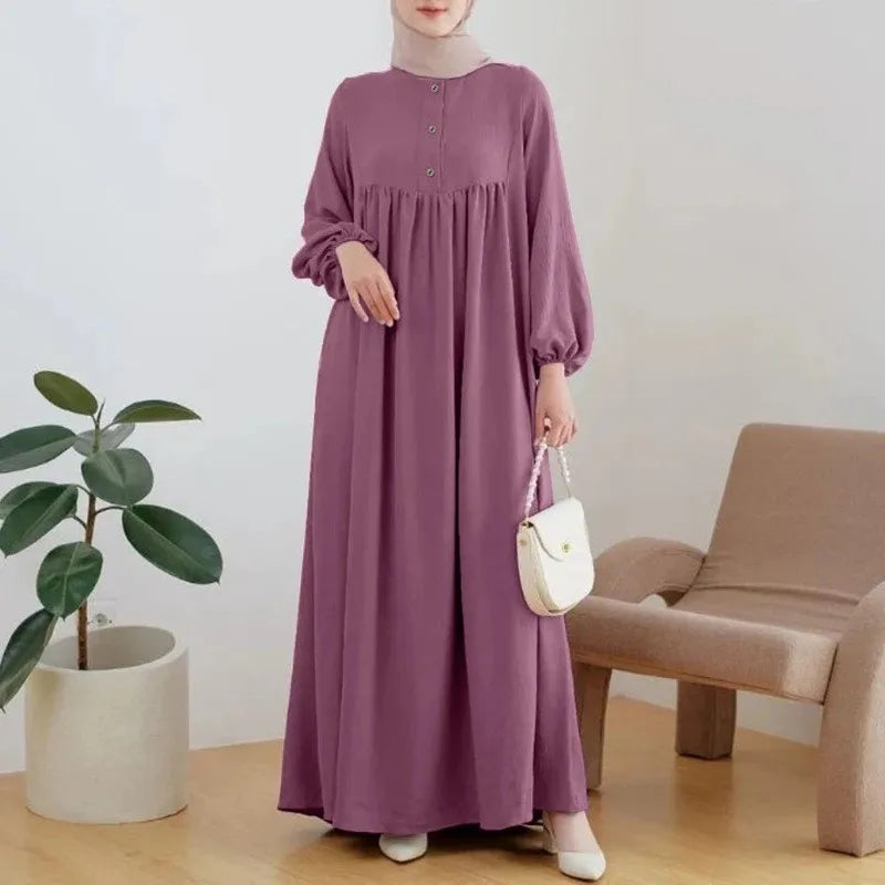 Casual Puffed Sleeve Maxi Dresses for Women Simple Loose Solid Muslim Dresses Fashion Kaftan Turkey Dubai Robe Elegant Vestidos