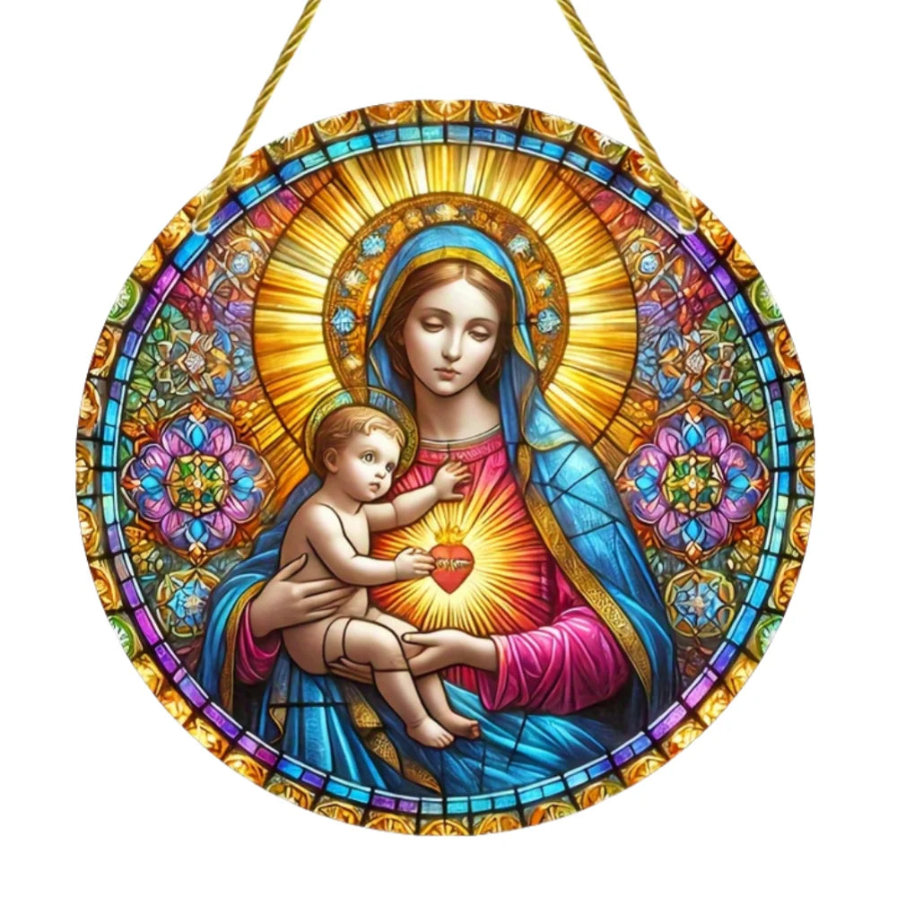 Virgin Mary Suncatcher - Round Acrylic Wall Art, Stained Style Hanging Decor, Ideal for Living Room, Bedroom,Perfect Family Gift