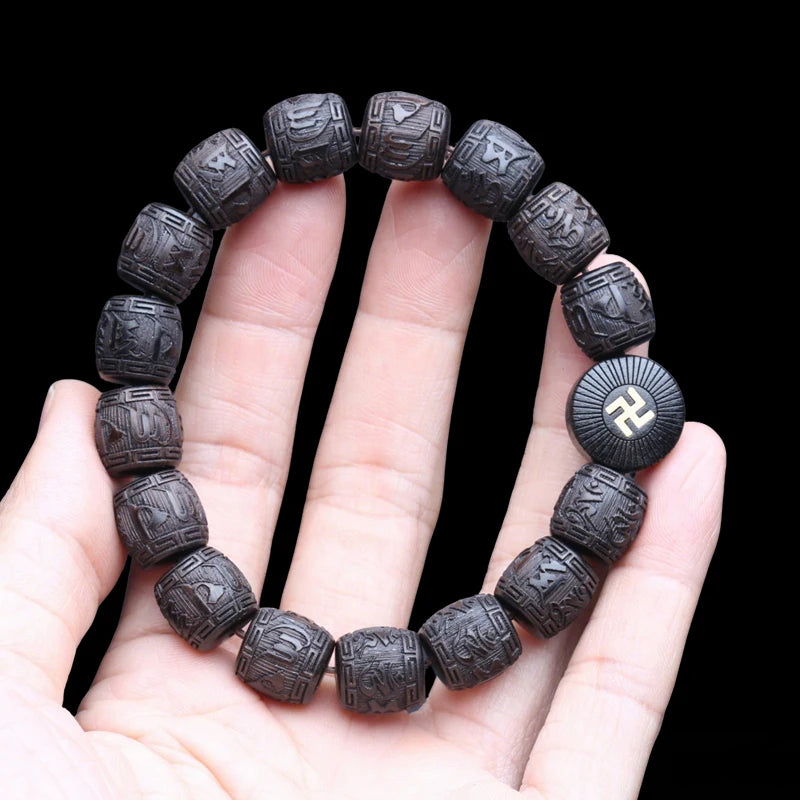 Authentic Natural Ebony Tibetan Six-Character Mantra Tibetan Prayer Wheel Bracelet 15mm Unisex Bracelet