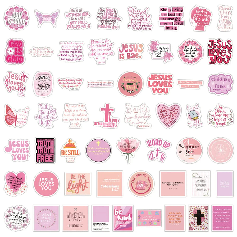 10/55/110PCS Pink Bible Christian Stickers Cartoon Jesus Loves You Decal For Laptop Phone Guitar Cup Waterproof Sticker Kid Toys
