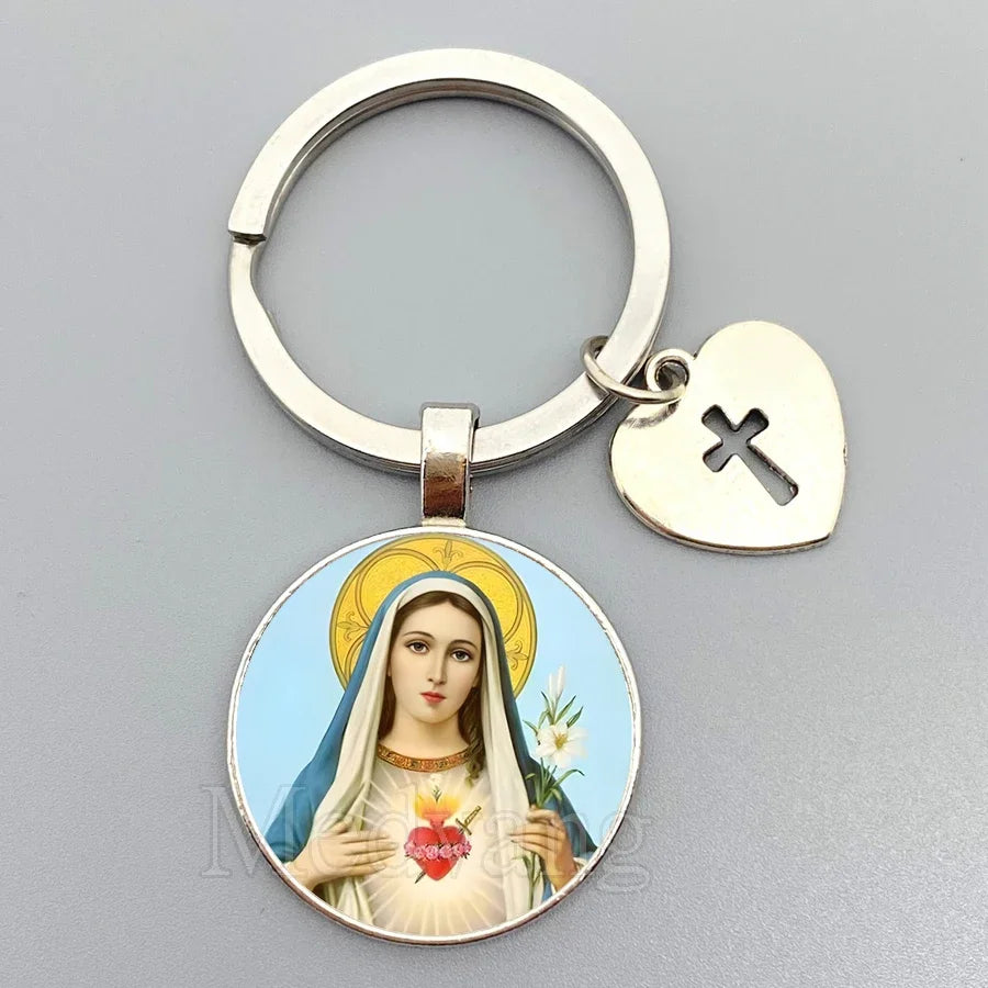 Jesus Sacred Heart Keychain Virgin Mary Glass Dome Key chain Catholic Men's and Women's Jewelry Gifts