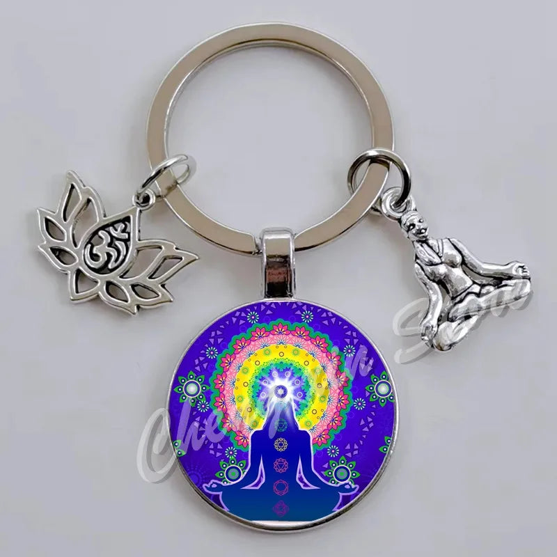 Indian Buddha Meditation 7 Chakra Mandala Psychedelic Yoga Glass Cabochon Keychain Ornament