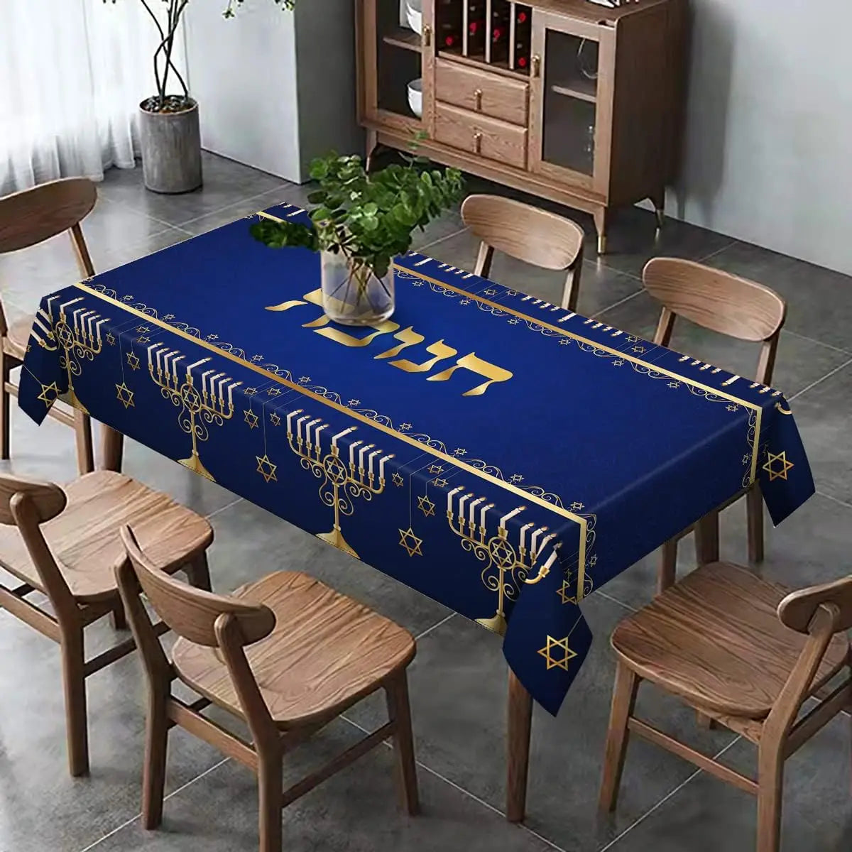 Hanukkah Menorah Rectangle Tablecloth Hebrew Jewish Chanukah Party Decor Star of David Table Cover Washable Kitchen Dining Table