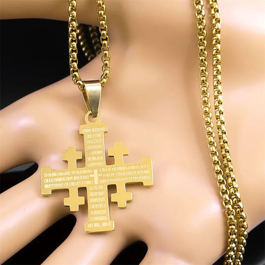 Christian Jerusalem Cross Pendant Necklace for Men Women Stainless Steel Bible Verse Lord's Prayer Chain Jewelry collar N3239S02
