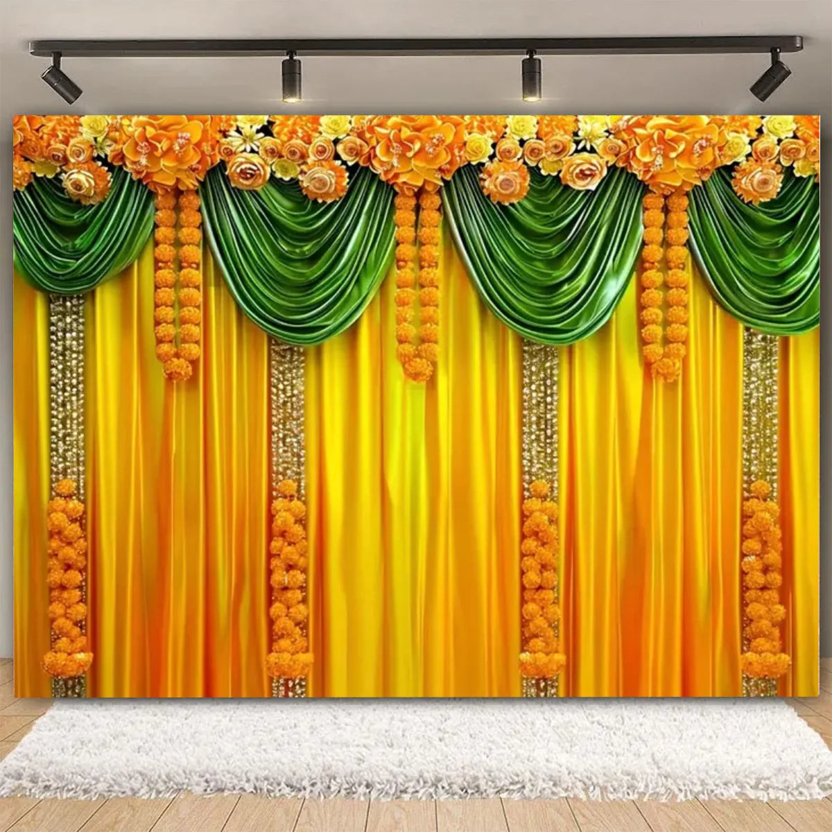 Indian Traditional Photography Background Marigold Green Leaf Hindu Indian Wedding Holi Flowers Garland Anniversary Backdrops