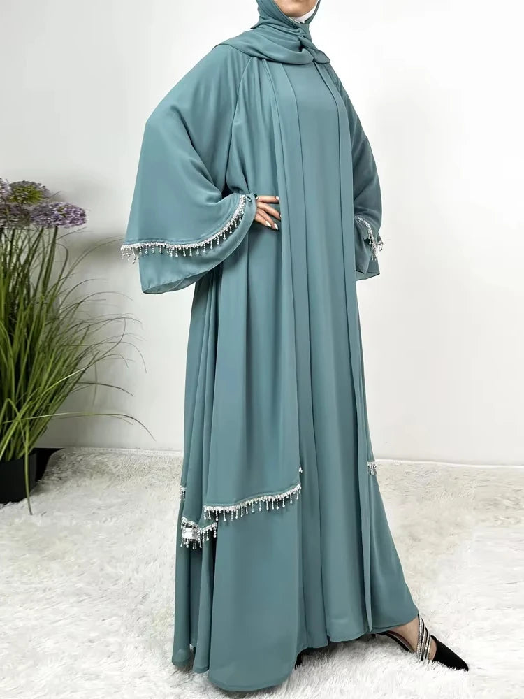 Women Abaya 4 Piece Set Dress Kaftan Islam Vestidos Eid Muslim Scarf Sashes Arab Long Robe Jalabiya Ramadan Morocco Dubai Abayas