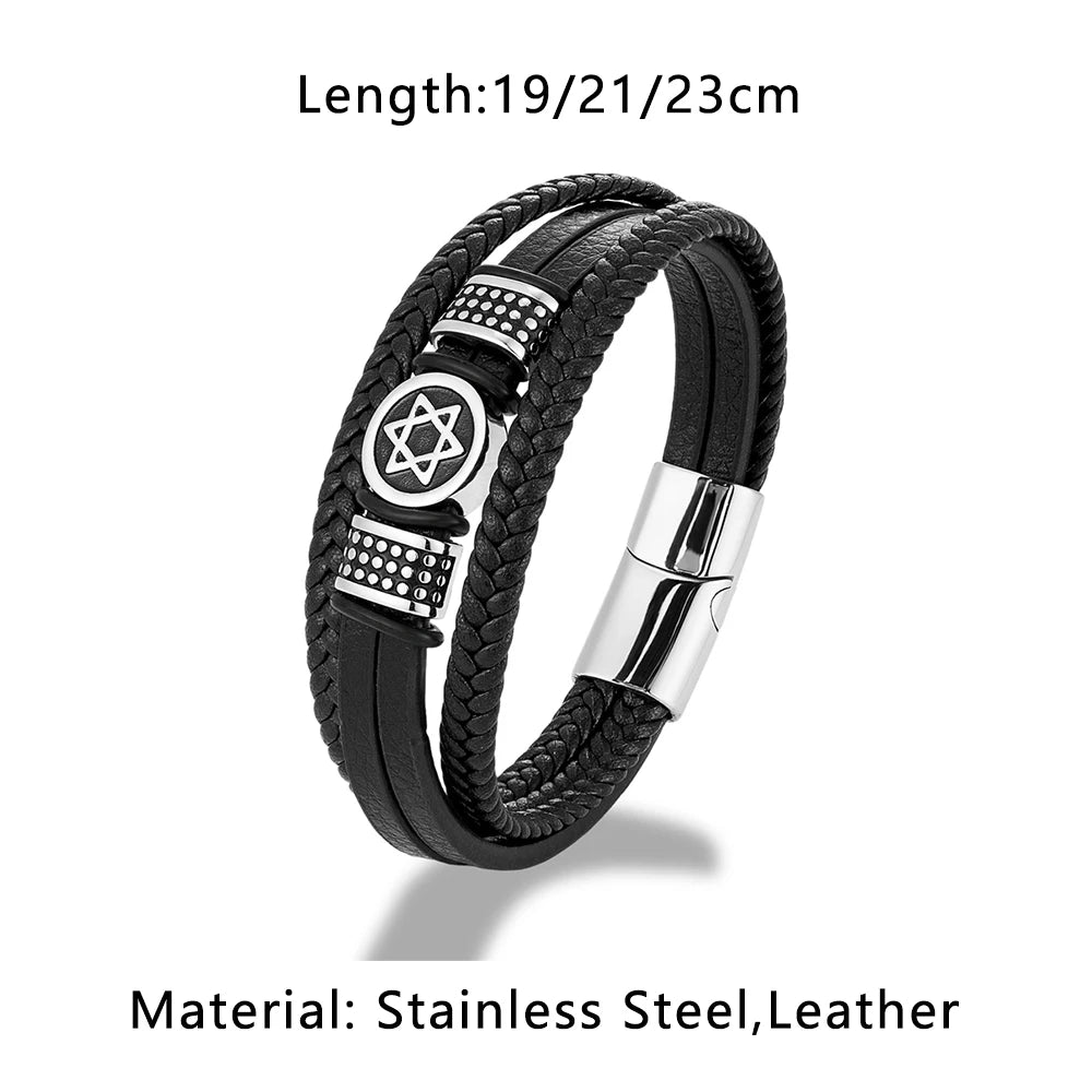 Retro Norse Hexagram Star of David Bracelet Men Stainless Steel Six Point Star Amulet Leather Wristband Religion Jewish Jewelry