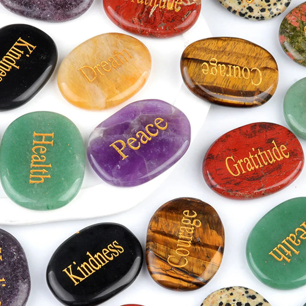 Natural Stone Crystal Engraved Different Inspirational Word Worry Stones Reiki Healing Crystals Palm Gemstone Thanksgiving Gifts