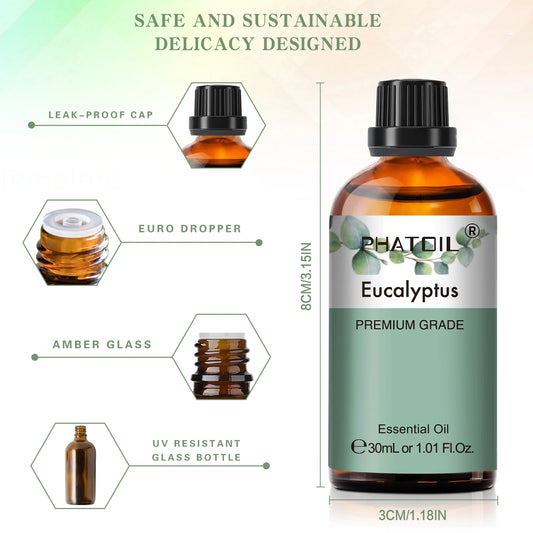 PHATOIL 1PCS Aromatherapy Essential Oil 30ml Lemon Eucalyptus Lavender Bergamot Jasmine Juniper Rose Vanilla Aroma Essential Oil