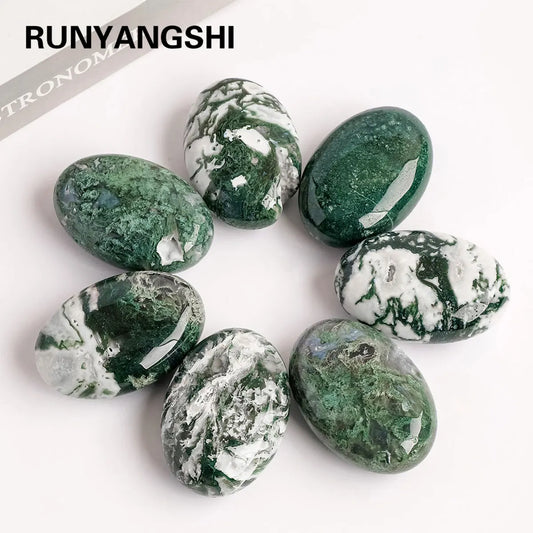 1pc Natural Crystal Moss Agate Palm Stone Reiki Healing Oval Pocket Palm Worry Stone Yoga Meditation Spiritual Healing Gem